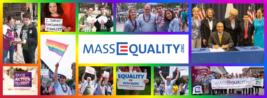 Rainbow banner with collage of images of MassEquality staff and volunteers demonstrating, marching, smiling, waving, etc.