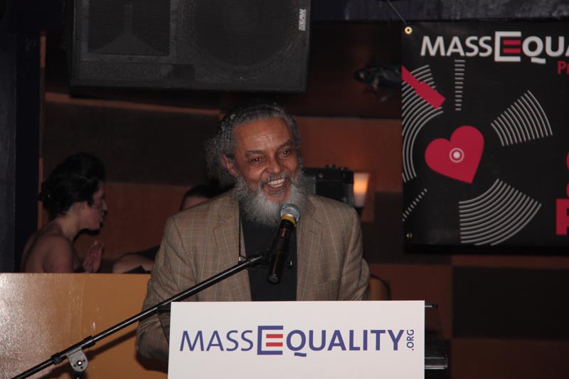 Rep Byron Rushing speaks at MassEquality podium.